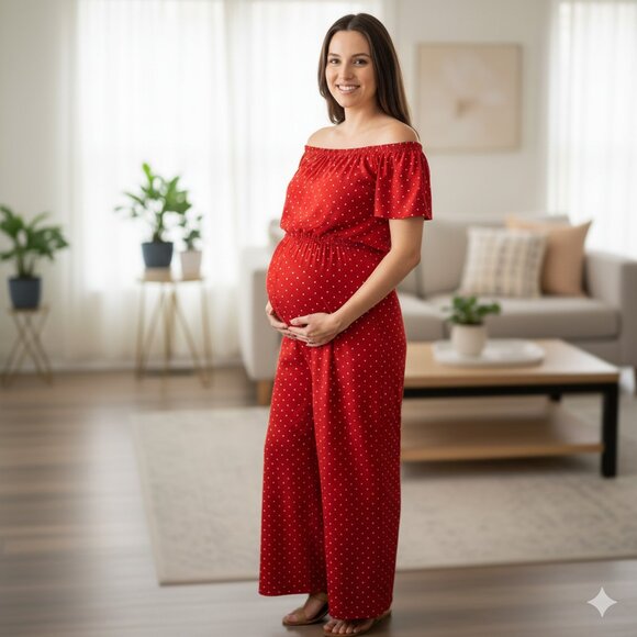 RIPE Maternity Jumpsuit M Red Polka Dot Off Shoulder Wide Leg Holiday Vacation - Picture 1 of 4